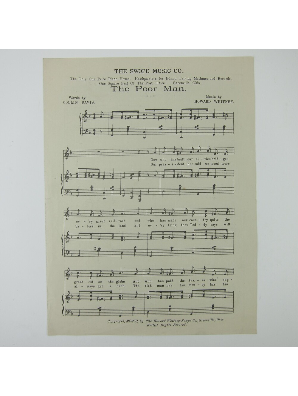 Sheet Music The Poor Man Howard Whitney Swope Co Greenville Ohio Antique 1906